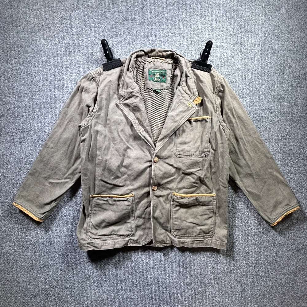 Orvis Field Jacket Men's Large Olive Green Leather Trim Elbow Patch Multi-Pocket
